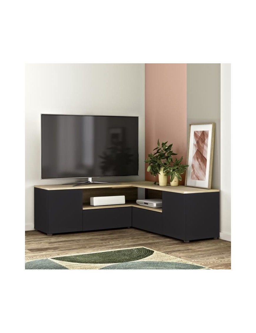 SYMBIOSYS Meuble TV Angle - Contemporain - Décor chêne naturel et noir